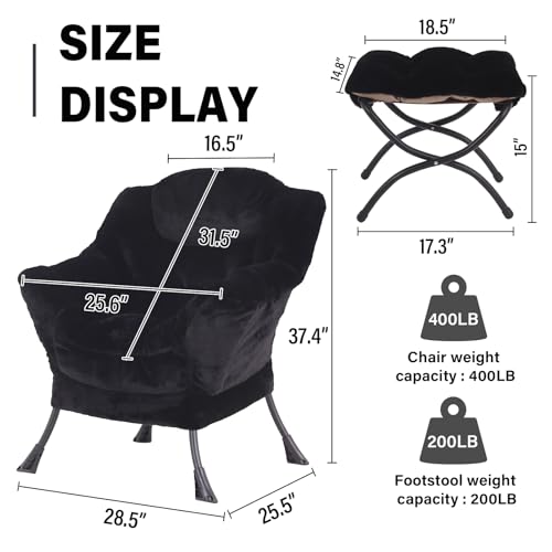 Modern Lazy Chair with Ottoman Lounge Accent Reading Chair for Living Room | Foldable Footstool,Removable Cover,with Armrests & Side Pockets,Upholstered Lounge Chair for Bedroom,Dorm,Office,Small Space - color: Plush Black