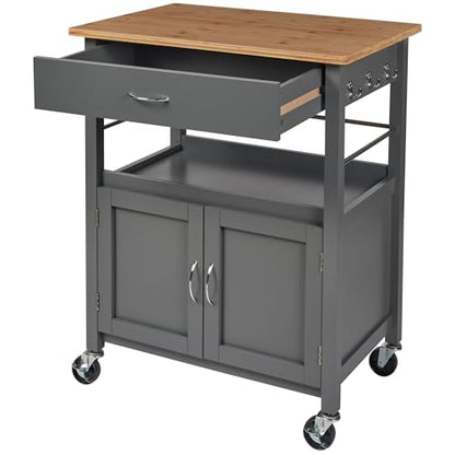 Kitchen Island Cart on Wheels, Gray Base, Natural Bamboo Top | Drawer, Storage Cabinet, Shelf, Butcher Block - color: Grey Base