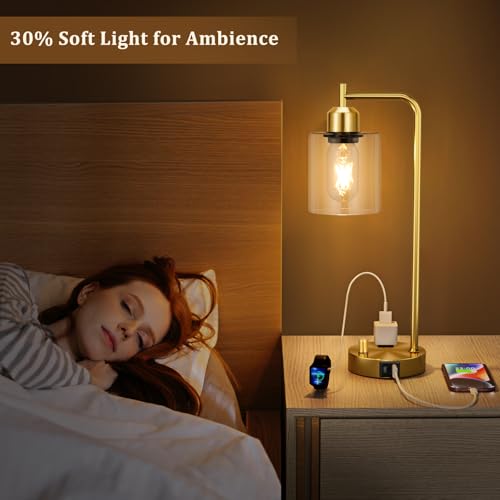 Innqoo Gold Table Lamp for Bedroom - Industrial Bedside Lamp with USB Port and Outlet, Fully Dimmable Nightstand Lamp with Clear Glass Shade, Small Desk Lamps for Home Office - color: Gold Base&Clear Shade