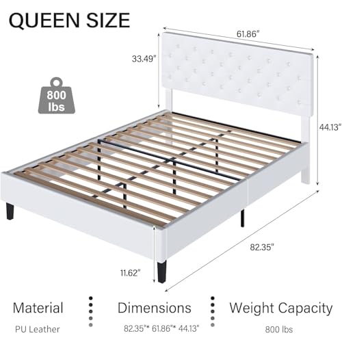 REVOMINCA Queen Platform Bed Frame with Headboard, White | Faux leather upholstery with wooden slat support, no box spring needed. - color: White, size: Queen