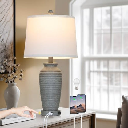 CINSARY 25" Grey Farmhouse Jar Table Lamps, 3 Way Touch Control Rustic Bedside Lamps with USB A+C Ports & AC Outlet, Pot Nightstand Lamps for Bedroom End Table (LED Bulbs Included) - color: Grey-1Pack
