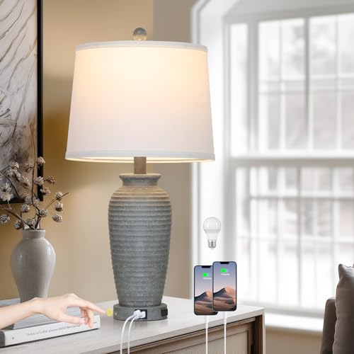 CINSARY 25" Grey Farmhouse Jar Table Lamps, 3 Way Touch Control Rustic Bedside Lamps with USB A+C Ports & AC Outlet, Pot Nightstand Lamps for Bedroom End Table (LED Bulbs Included) - color: Grey-1Pack
