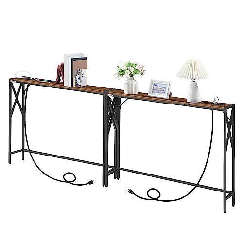 MAHANCRIS 2 Pack 5.9" Narrow Console Sofa Table with Charging Station, 78.7" Long Behind Couch Table, 4.9 Feet Power Cord, Skinny Sofa Table for Small Space, Living Room, Rustic Brown CTHR151E01S2 - color: Rustic Brown, Black