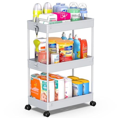 SPACEKEEPER 3 Tier Rolling Cart, Bathroom Cart Organizer with Wheels, Gray | Mobile Storage Cart for Laundry Room Organization,Kitchen,Office,Bathroom, Utility Cart for Snack,Craft,Art,Makeup,Nail,Toys - color: Grey, size: 3 Tier