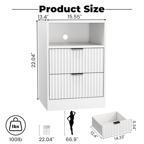 Fluted Nightstand Set of 2, LED Nightstand with Charging Station, Wood Nightstands with 2 Drawers & Metal Handles, Modern Bedside Table & End Tables, Farmhouse Night Stands for Bedroom, White - color: White, style: LED 2 Drawers-2 PCS