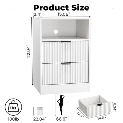 Fluted Nightstand Set of 2, LED Nightstand with Charging Station, Wood Nightstands with 2 Drawers & Metal Handles, Modern Bedside Table & End Tables, Farmhouse Night Stands for Bedroom, White - color: White, style: LED 2 Drawers-2 PCS