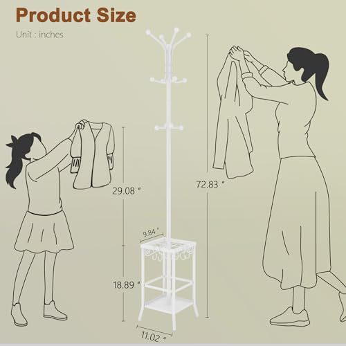 Hoctieon Coat Rack Freestanding, Coat Tree with Umbrella Holder, Metal Coat Rack Stand with 12 Hooks, Standing Coat Hanger Stand, Umbrella Stand for Entryway, Hat Rack Stand for Home Office, White | Metal Coat Rack Stand with 12 Hooks, Standing Coat Hange