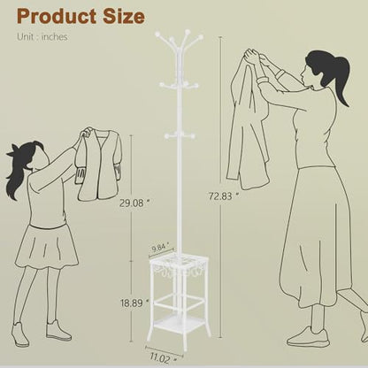 Hoctieon Coat Rack Freestanding, Coat Tree with Umbrella Holder, Metal Coat Rack Stand with 12 Hooks, Standing Coat Hanger Stand, Umbrella Stand for Entryway, Hat Rack Stand for Home Office, White | Metal Coat Rack Stand with 12 Hooks, Standing Coat Hange