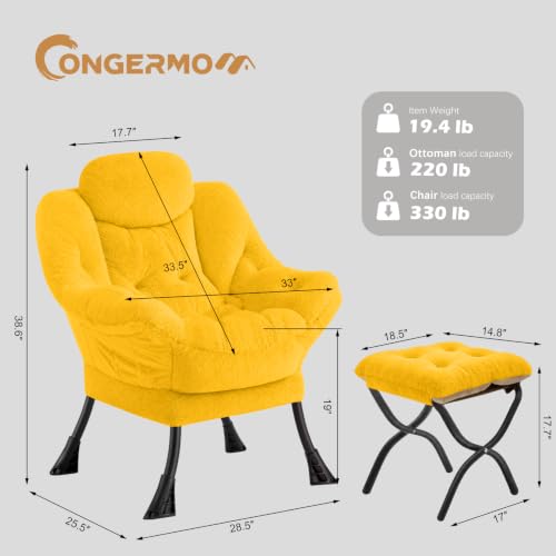 Lazy Chair with Folding Ottoman,Leisure Sofa Chair,Soft Fabric Armchair with Armrests and Side Pockets, Reading Chair with Footrest for Living Room, Bedroom, Office (Plush Yellow) - color: Plush Yellow