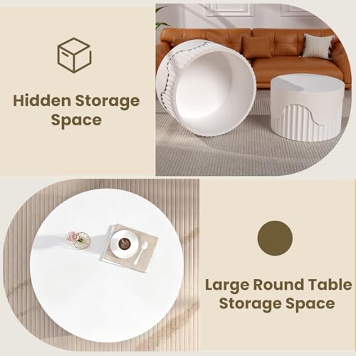 Round Nesting Coffee Table Set of 2 Modern Fluted Coffee Table | Non-Slip Pads, Stackable End Tables for Living Room, No Assembly Required, Space Saving Accent Tables for Small Spaces - color: White 26.77"dx15.35"h