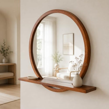 24" Round Wall Mirror with Shelf, Solid Wood Frame
