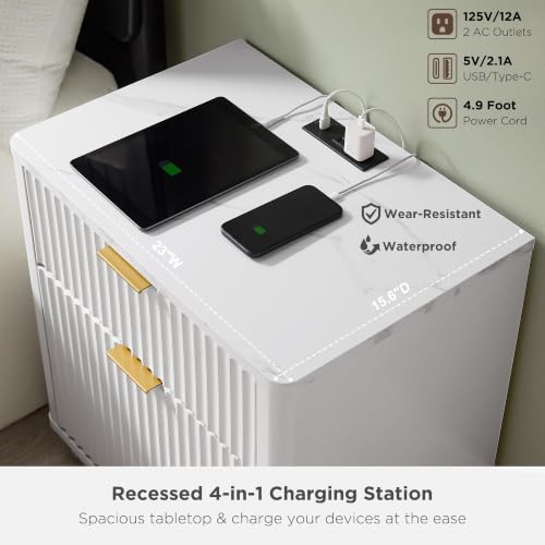 T4TREAM 23'' Fluted Nightstand with Charging Station, Modern, Solid White | Large 2 Drawer, Curved Profile, Mid-Century, Bedside Table with Storage, End Table for Living Room, Bedroom, Side Table - color: Solid White