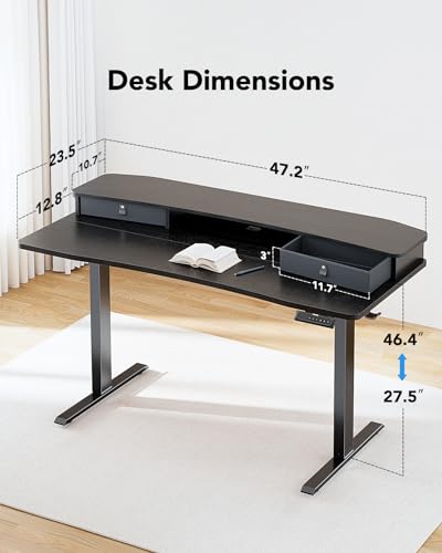 HUANUO 48″ x 24″ Electric Standing Desk with 2 Drawers, C-Clamp Mount Compatible, Height Adjustable Computer Desk, Home Office Stand Up Desk with 4 Preset Heights & 2 Hooks, Black - color: Black, size: 48" X 24"