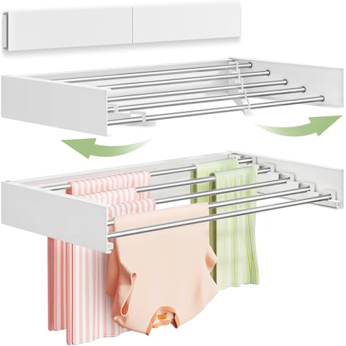 Vikaqi Wall Mounted Clothes Drying Rack 32", Foldable Wall Laundry Rack | Collapsible Drying Rack Clothing Folding Indoor, Hidden Space Saver with Wall Template, 5 Rods, White - color: White, size: 32" Wide