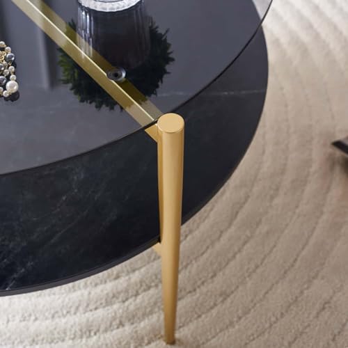 LumFurn Round Coffee Table for Living Room, Mid-Century Modern Design, D30 x H17, 2-Tier Structure, Grey Glass Top and Black Marble Finish Wood Shelf, Sleek Conical Metal Legs with Gold Finish Frame - color: D30" Grey & Black Marble