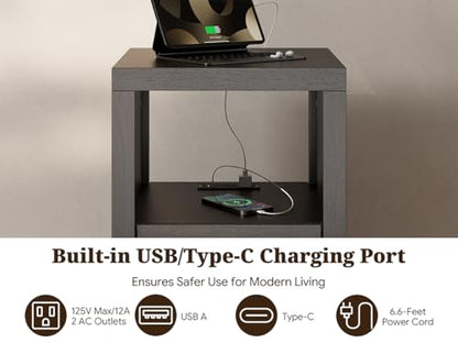 Wabi-sabi Style Nightstand, Modern Bedside Table with Charging Station,Thickened Wood End Table with Drawer Storage & Open Shelf, Night Stand for Bedroom, Black - color: Black