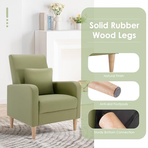 COLAMY Accent Chairs Set of 2, Faux Leather Living Room Chairs with Back Pillow & Solid Wood Legs, Mid-Century Modern Chairs, Comfy Upholstered Armchair for Living Room, Bedroom, Light Green - color: Light Green, size: Set of 2
