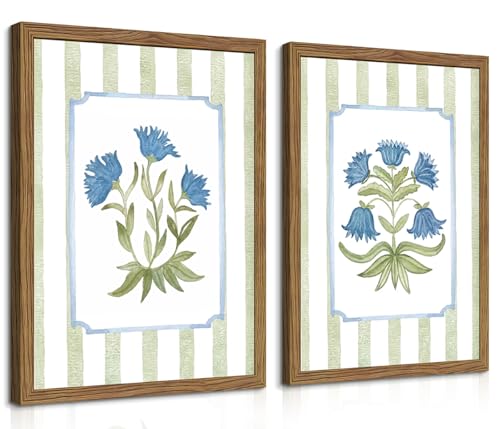 Framed Floral Wall Art Set of 2, Vintage Blue Flower Botanical Canvas Wall Decor Paintings, Cottagecore Stripe Wildflower Posters Prints Pictures for Bedroom Bathroom Living Room 12x16 Inch - color: Blue Floral, size: 16"L x 12"W