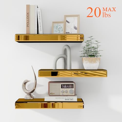 SHYFOY Glass Floating Shelves for Wall, Set of 3, Brass | Display Wall Shelves with Invisible Brackets for Bathroom, Living Room, Bedroom and Kitchen - color: Brass-3pack