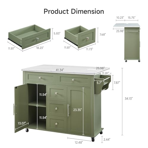 47" Kitchen Island with 2 Storage Cabinets & 5 Drawers, Green | Mobile Island Table for Kitchen with Imitation Marble Drop Leaf, Rolling Island Cart with Power Outlet, Spice Rack - color: Green