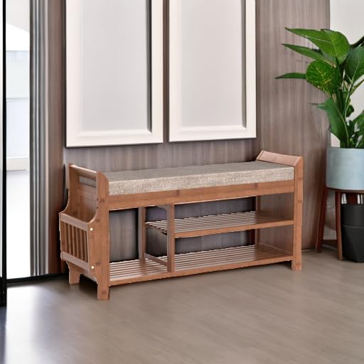 PETKABOO Shoe Bench with Hidden Drawer and Side Holder, 2 Tier Entryway Bench with Storage 39.4 in, Bamboo Shoe Rack with Cushion for Entryway Hallway Living Room Bedroom - size: 39.4"