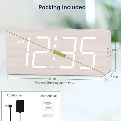 DreamSky Wooden Digital Alarm Clock with Wireless Charging for Bedroom | Bedside Nightstand Clock with Charger Station, USB Port, Large Numbers, Adjustable Volume, Brightness Dimmer, DST - color: White