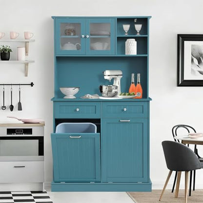 LOUVIXA 68.4" Kitchen Pantry Storage Cabinet, Freestanding Cupboard with Shelf, 2 Drawers and 2 Tilt Out Trash Cabinet, Tall Cabinets for Kitchen, Dinning Room, Living Room (Deep Teal, Double Tilt) - color: Deep Teal
