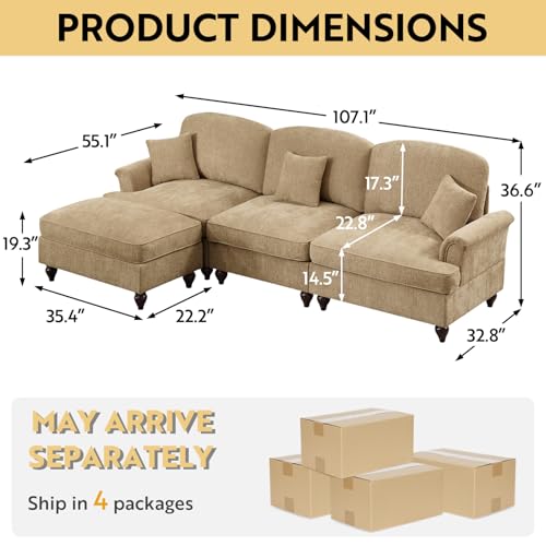 Modular Sectional Sofa Couch, Comfy Chenille Sofa with Removable Ruffled Skirt, Flared Armrests, Sturdy Legs, Convertible Sectional for Living Room, Bedroom, Apartment (Coffee) - color: Coffee, size: 107.1 Inch L