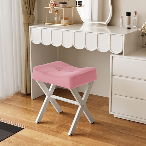 18-Inch Leather Vanity Stool Chair, Pink Saddle Vanity Stool | Vanity Bench, Metal X-Leg, 300 LBS, 16.3"x12.4"x18", Ottoman Accent Stool, Thick Padded Saddle Seat, For Living Room, Bedroom - size: Small, style: Pink Leather