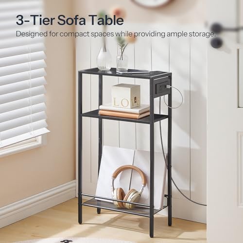 HOOBRO 15.7" Narrow Console Table with Charging Station, 3 Tier Entryway Table for Small Space, Behind Couch Table, Sofa Table, for Entryway, Hallway, Living Room, Black BB42UXG01 - color: Black