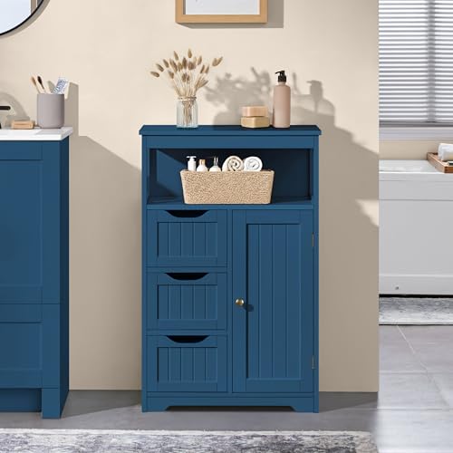 Yaheetech Small Bathroom Storage Cabinet with 3 Drawers, Navy Blue | Slim Floor Cabinet Organizer for Bathroom, Living Room or Entryway, Beadboard Fronts, an Open Cubby, Adjustable MDF Shelf - color: Navy Blue, size: 12"D x 22"W x 34"H