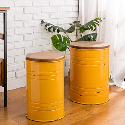 Glitzhome Rustic End Table Set of 2, Farmhouse Galvanized Metal Barrel Ottoman Storage Stool with Round Wood Lid for Living Room Furniture, Yellow - color: Yellow