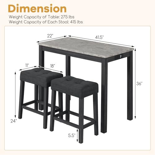 COSTWAY 3-Piece Wooden Bar Table Set with Charging Station | Modern Counter Height Table, Faux Marble Top, 2 Padded Stools, Console Table Set for Living Room, Kitchen, Dining Room, Gray - color: Grey