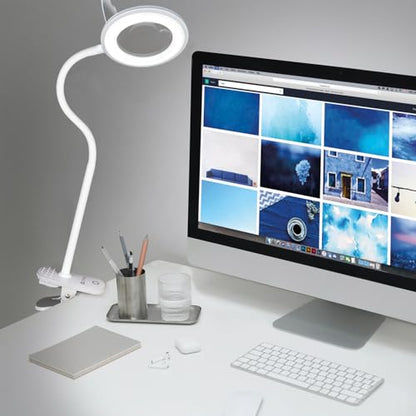 OttLite Lighted ClearSun LED Magnifier Clip Lamp, White | 1.75x Optical Grade Magnifier with 4x Spot Viewer | Sturdy Clip | 3 Brightness Settings | 14.5" Flexible Neck - color: White
