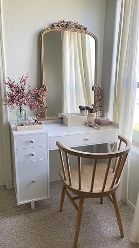 Nathan James Daisy Vanity Dressing Table or Makeup Desk with 4-Drawers and Brass Accent Knobs, White Wood - color: White