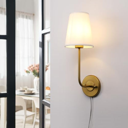 Set of 2 Plug in Wall Sconces, Rustic Wall Lighting Fixtures with On/Off Switch and Pure White Fabric Lampshade, Antique Brass Wall Lamps for Living Room Bedroom - size: 2-pack