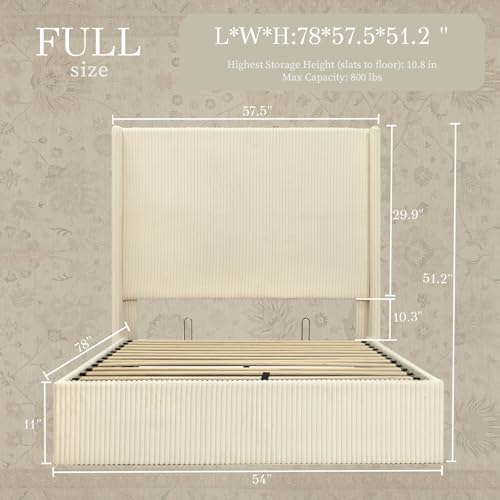 Full Bed Frame with Lift Up Storage, 51.2" Tall Headboard and Upholstered Wingback Bed Frame, Hydraulic Support, No Box Spring Needed, Beige Corduroy - size: Full (U.S.Standard)