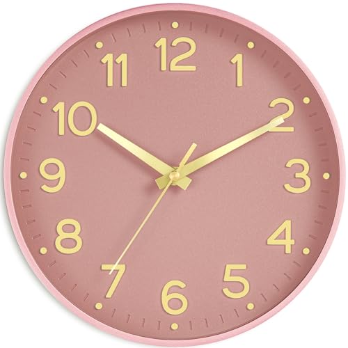 Roymnie 10 Inch Wall Clock Battery Operated Silent Non Ticking Analog | Pink Gold modern analog; large 3D easy-read dial for kitchen, office, bathroom & bedroom; 1 AA battery (not included) - color: M_pink Gold, size: 10 Inch