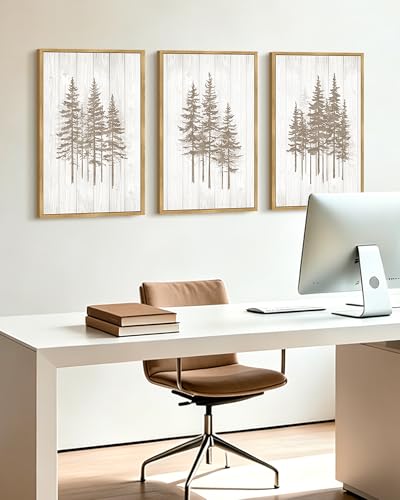 KUVIOKE Foggy Misty Pine Tree Framed Wall Art Watercolor Nature Abstract Forests Wall Decor Rustic Minimalist Painting for Bedroom Dining Room 16x24in (Natural Framed) - color: Watercolor Trees, size: 16 x 24in x 3 Panels Natural