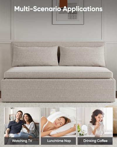 64.2" Queen Size Pull Out Sofa Bed，3-in-1 Linen Convertible Sleeper Sofa Bed,Loveseat Pullout Bed with Pillows and Tri-fold Mattress for Small Space/Bedroom,Beige - color: Beige, size: Queen