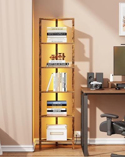 TUTOTAK Corner Shelf with LED Light, 6-Tier Corner Bookshelf | for Small Space, Narrow Display Corner Shelf Stand with Storage Rack, for Living Room, Bedroom, Brown BS05BC006L - color: Brown, size: 6-tier With Led