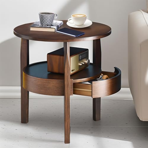 Large Round Coffee Table with Hidden Drawer - 23" D x 24" H Natural Wood Side Table with Drawer, 2-Tier Rustic Retro End Table with Storage, Small Coffee Table for Living Room, Dark Brown - color: Dark Brown, size: Large-22.8"D×23.8"H
