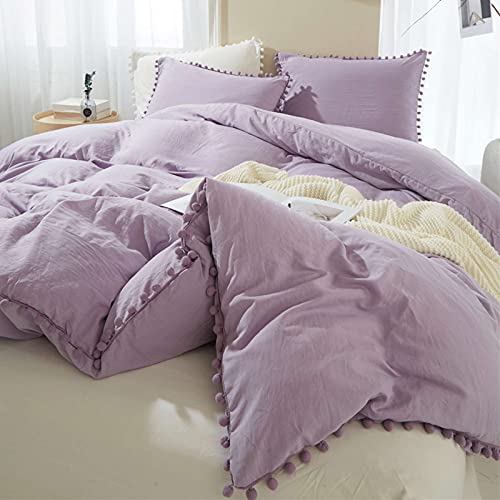ETDIFFE Lavender Boho Duvet Cover Set Twin Size, 2 Piece, 68x90 Inch | Bohemian Purple Pompom Microfiber Bed Comforter Cover Set, Farmhouse Soft & Lightweight Bedding Quilt Cover - color: Lavender, size: Twin (One Pillowcase, No Comforter)
