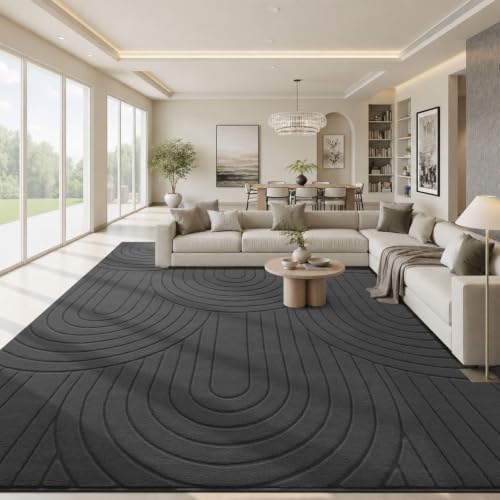 Sour Lemon Area Rugs 9x12 Living Room Bedroom, Modern Washable Rug Grey | Machine Carpet Non-Slip, Soft Large Fluffy Plush Thick, Big, Geometric High-Low Pile Nersy Rug for Kids Dining Room - color: Dark Grey, size: 9' x 12' (Rectangular)