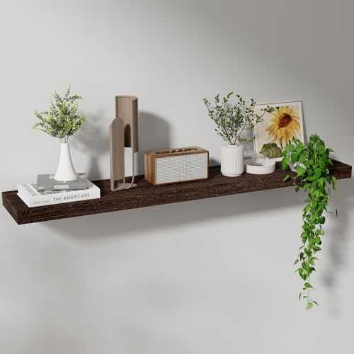 Floating Shelves, 8 Inch Deep Rustic Solid Wood Wall Shelves for Storage, Wall Mounted Display Shelving with Invisible Heavy-Duty Metal Bracket, 48" W x 8" D x 1.6" H, Rustic Brown - color: Rustic Brown, size: 48" W, 1-Pack