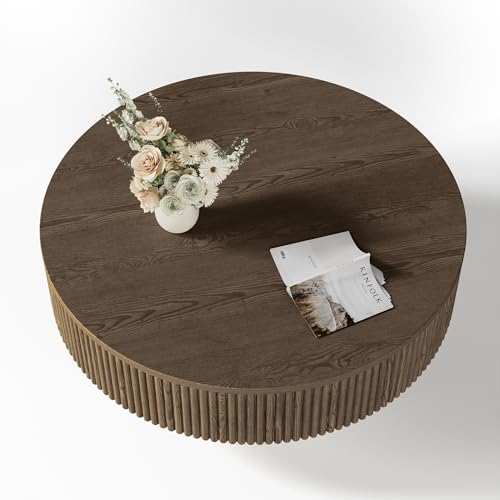 YOUDENOVA 31.5” Round Fluted Coffee Table, Modern Wood Circle Coffee Table, Veneer Handcrafted Relief Tea Table with Sturdy Pedestal for Living Room - Brown - color: 31" Brown-round