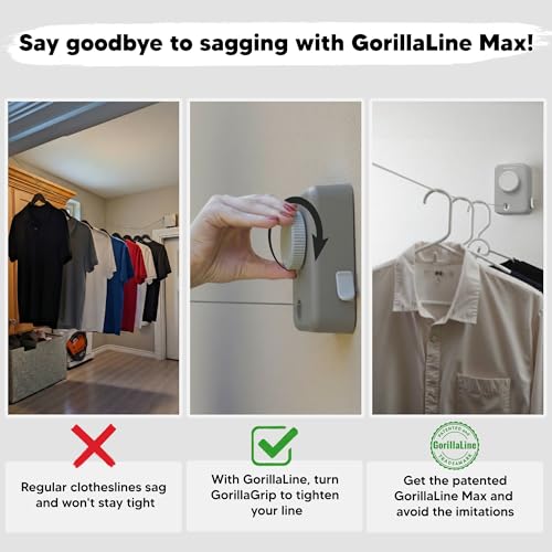 Max – Retractable Clothesline Indoor Outdoor, Non-Sagging Heavy Duty Clothes Drying Line, Wall Mounted Drying Rack, Air Dry Clothing, Max Tighten with GorillaGrip - style: Gray - Upgraded Model