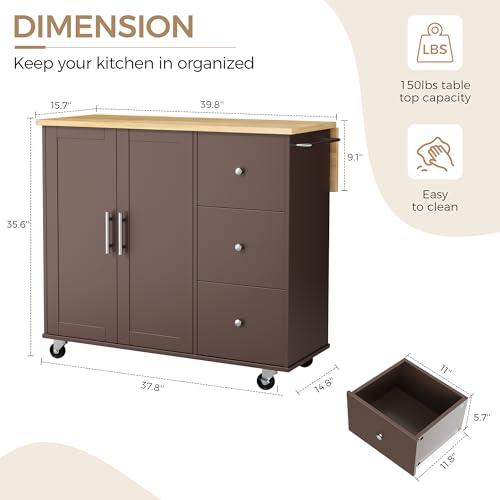 QAQA 40" Kitchen Island Cart Furniture cart on Wheels Rolling Portable Dining Room Serving Utility Carts Mobile Movable with Drawers Cabinet,Brown - color: Brown, size: 40-IN
