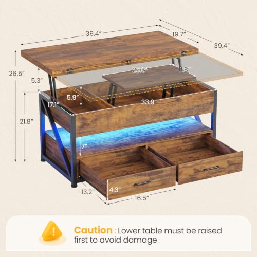 Itaar 40" Lift Top Coffee Table with 2 Drawers Storage for Living Room | Rustic Brown 4 in 1 Expandable Coffee Table with 2 Drawers & LED Light & Hidden Compartmen for Dining Living Room Table - color: Rustic Brown 2