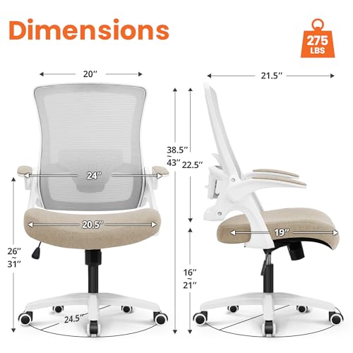NEO CHAIR Office Desk Chair High Back Mesh Chair Adjustable Lumbar, Beige | Ergonomic High-Back Design with Breathable Mesh, Flip-Up Armrests, Comfortable Support for Home office or Computer Work - color: Beige